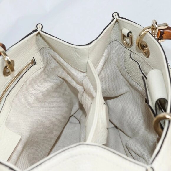 GUCCI Bamboo Hand Bag Leather 2way White Gold 336032 Auth 135213V - Picture 11 of 16